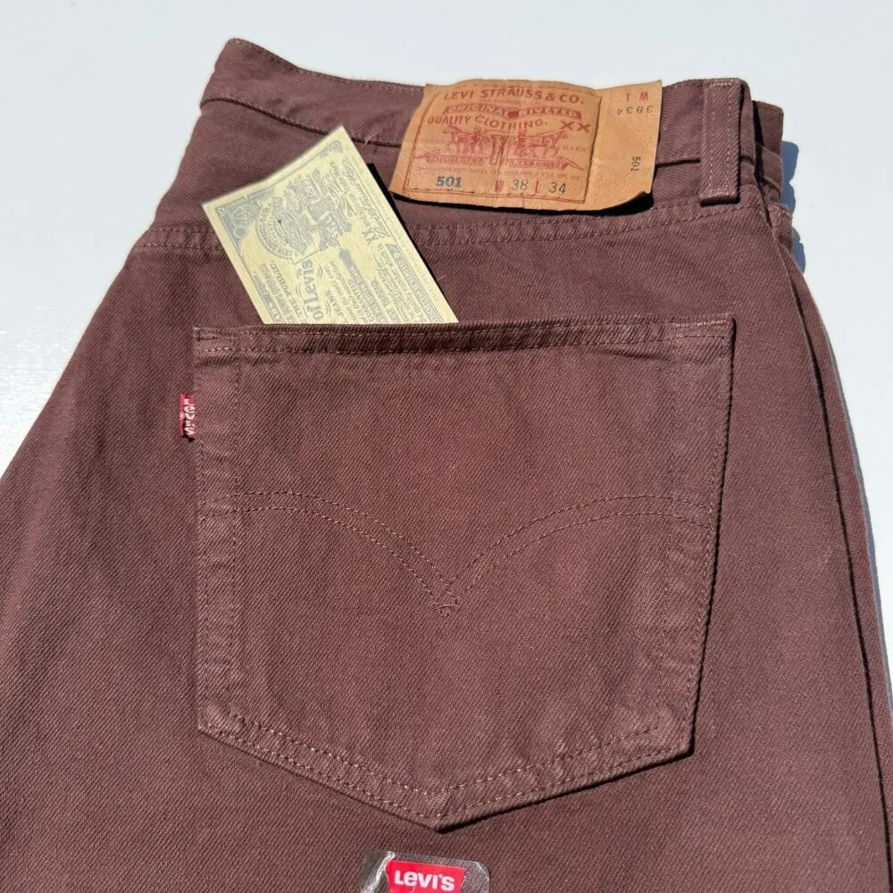 Vintage 1997 Levi's 501 Jeans 38x34 Brown Made in USA NWT Deadstock Factory 524
